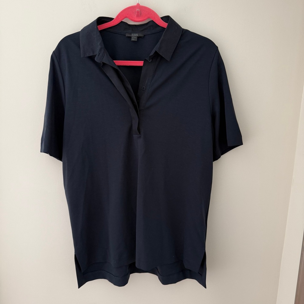 COS Navy Blue Lyocell Blend Short Sleeve Polo Shirt Mens Medium Hidden Placket